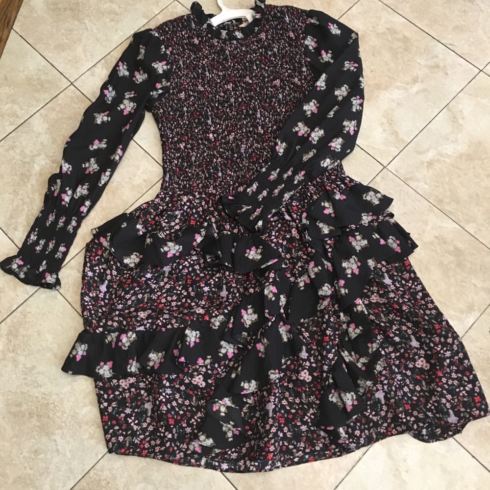 Long sleeve mixed print silk dress